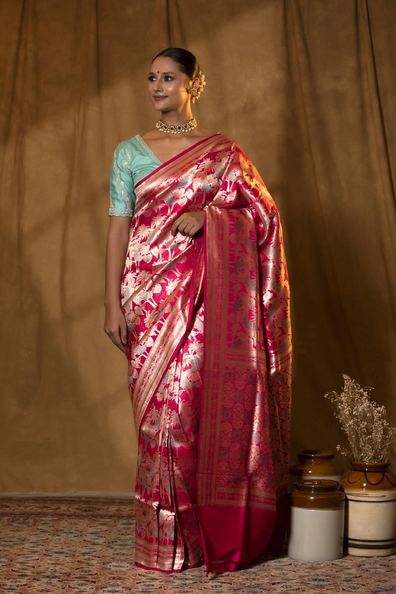 Banarasi Silk Saree, Banarasi saree, silk saree, Brick pink saree, wedding saree, party wear saree​