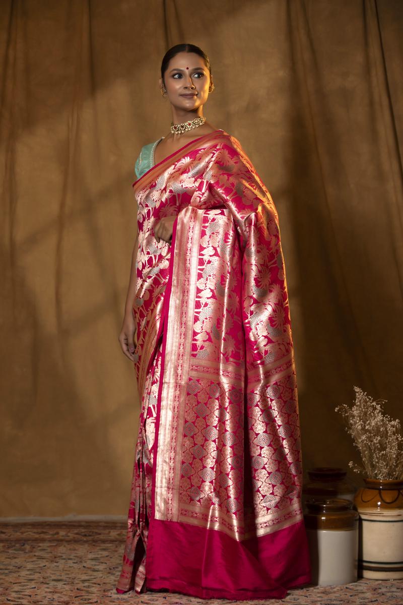 Brick Pink Handloom Katan Banarasi Silk Saree with Meenakari Work