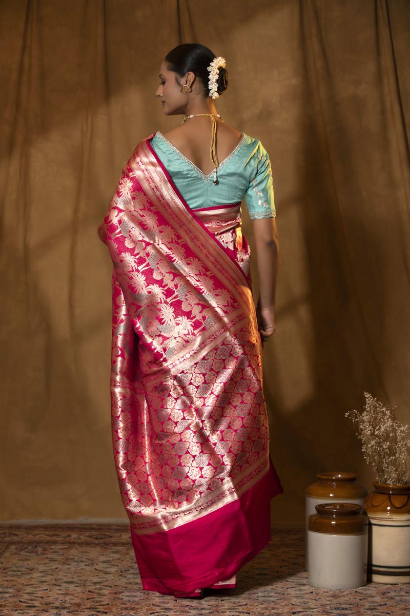 Brick Pink Handloom Katan Banarasi Silk Saree with Meenakari Work