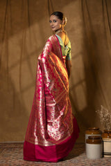 Brick Pink Handloom Katan Banarasi Silk Saree with Meenakari Work