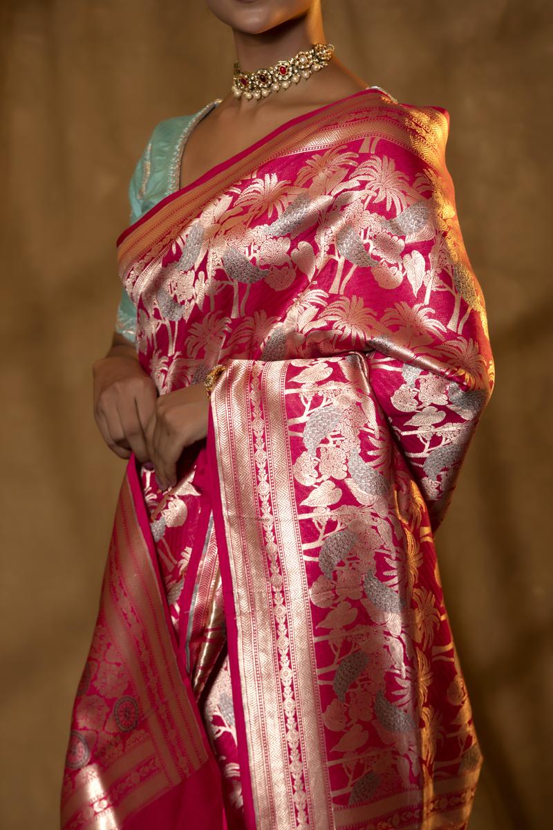 Brick Pink Handloom Katan Banarasi Silk Saree with Meenakari Work