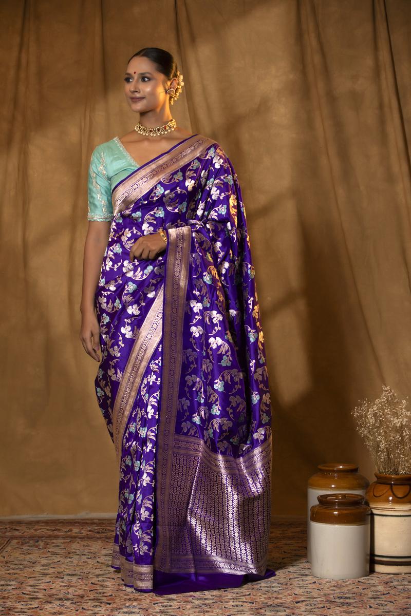 Banarasi Silk Saree, Banarasi saree, silk saree, Purple saree, wedding saree, party wear saree​