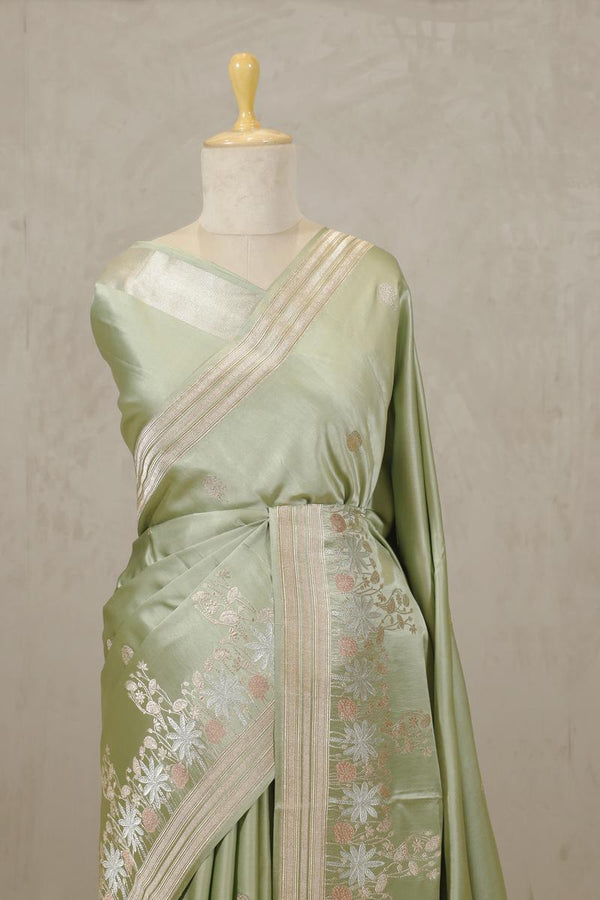 Sage Green Handloom Katan Silk Banarasi Saree with Zari Peacock Motifs