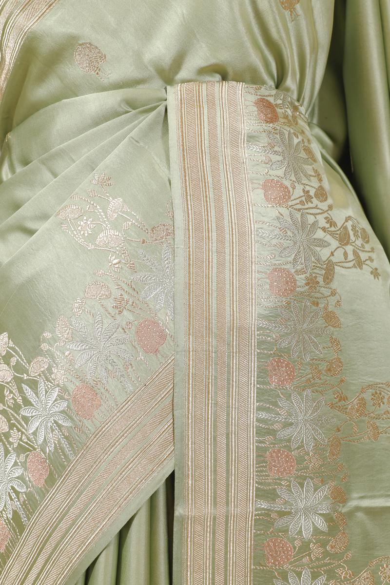 Sage Green Handloom Katan Silk Banarasi Saree with Zari Peacock Motifs