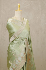 Sage Green Handloom Katan Silk Banarasi Saree with Zari Peacock Motifs