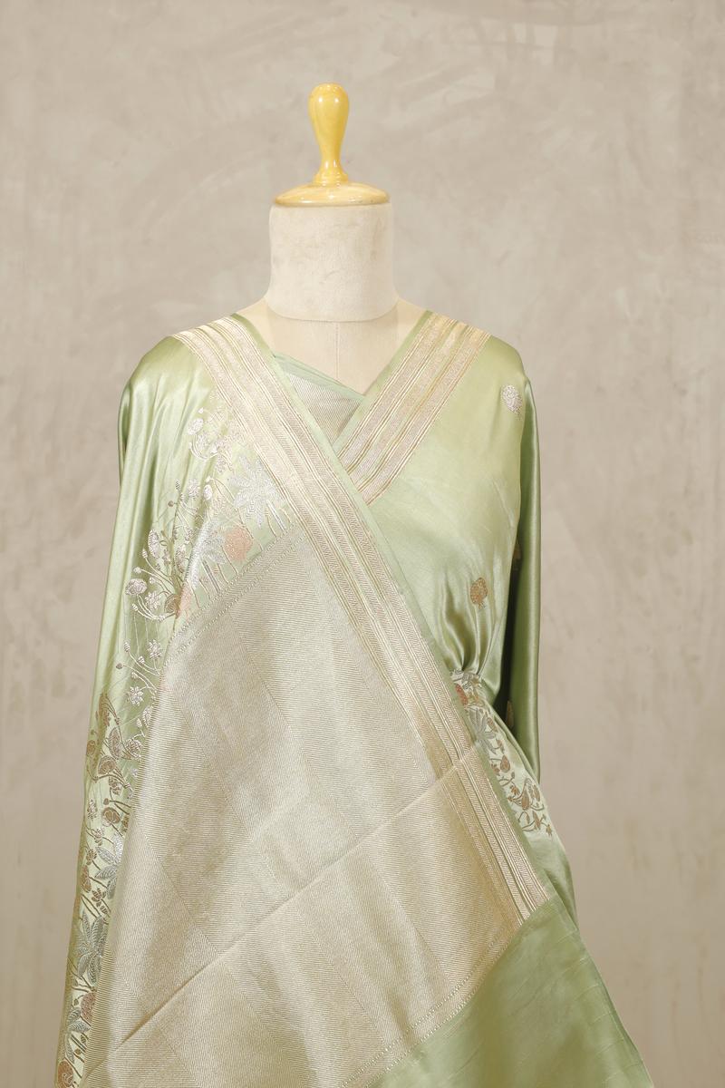 Sage Green Handloom Katan Silk Banarasi Saree with Zari Peacock Motifs