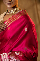 Deep Pink Handloom Katan Silk Banarasi Saree with Zari Peacock Motifs