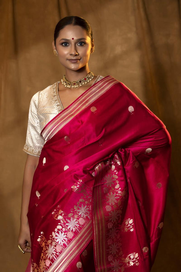 Deep Pink Handloom Katan Silk Banarasi Saree with Zari Peacock Motifs