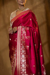 Deep Pink Handloom Katan Silk Banarasi Saree with Zari Peacock Motifs