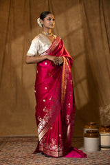 Deep Pink Handloom Katan Silk Banarasi Saree with Zari Peacock Motifs