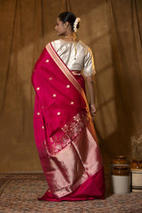 Deep Pink Handloom Katan Silk Banarasi Saree with Zari Peacock Motifs