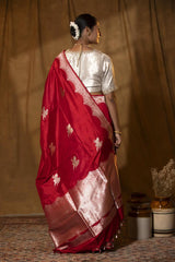 Deep Red Handloom Katan Silk Banarasi Saree with Bird Motifs