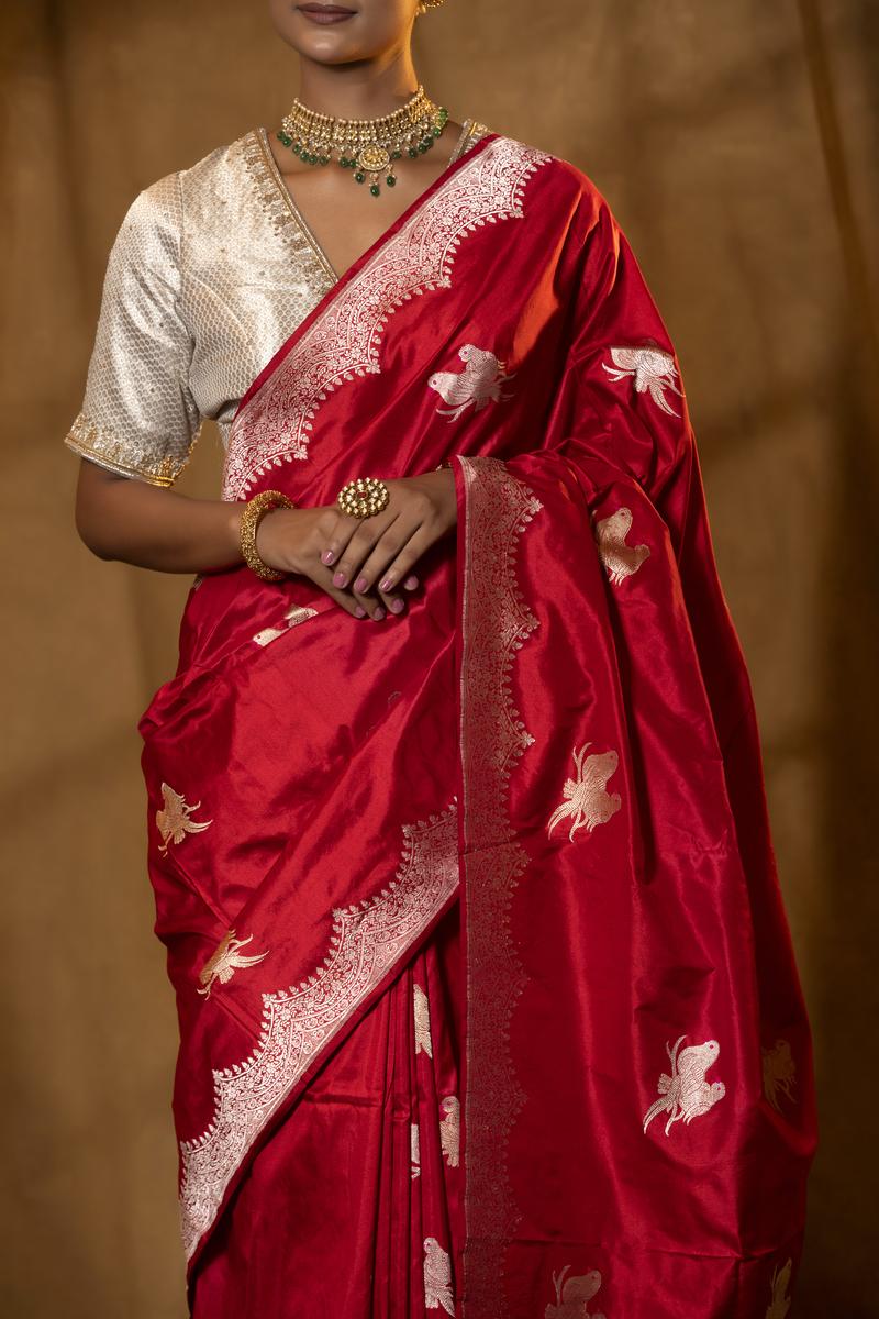 Deep Red Handloom Katan Silk Banarasi Saree with Bird Motifs