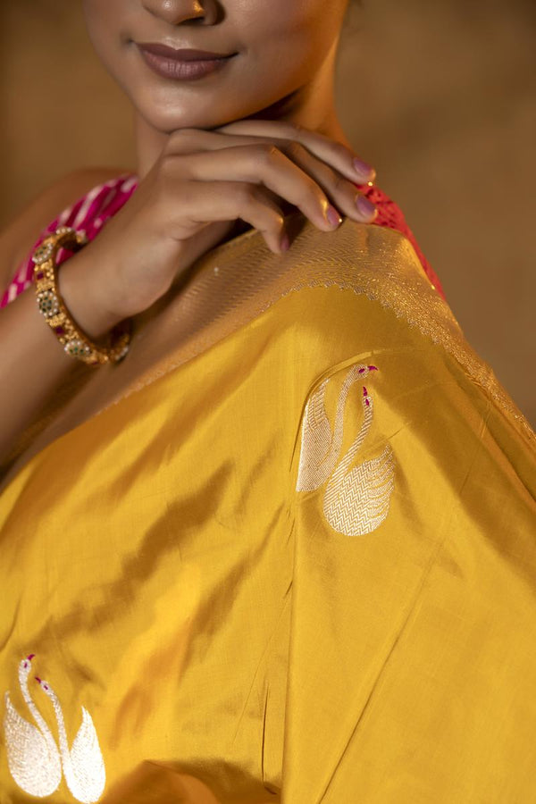 Mustard Yellow Handloom Katan Silk Banarasi Saree with Swan Motifs