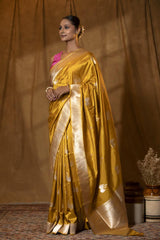 Mustard Yellow Handloom Katan Silk Banarasi Saree with Swan Motifs