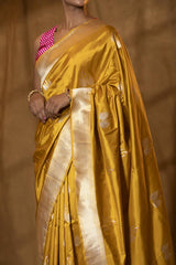 Mustard Yellow Handloom Katan Silk Banarasi Saree with Swan Motifs