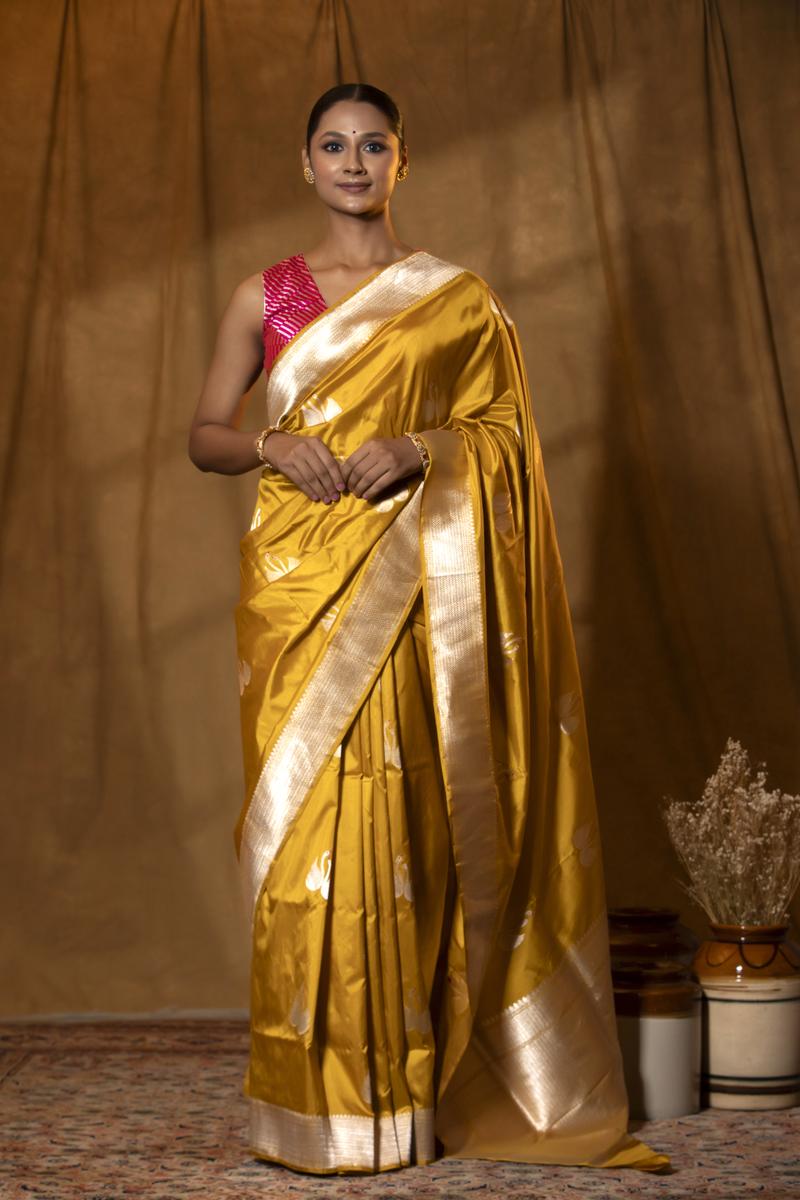 Mustard Yellow Handloom Katan Silk Banarasi Saree with Swan Motifs