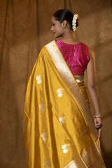 Mustard Yellow Handloom Katan Silk Banarasi Saree with Swan Motifs