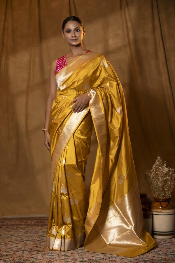 Banarasi Silk Saree, Banarasi saree, silk saree, mustard yellow saree, wedding saree, party wear saree​