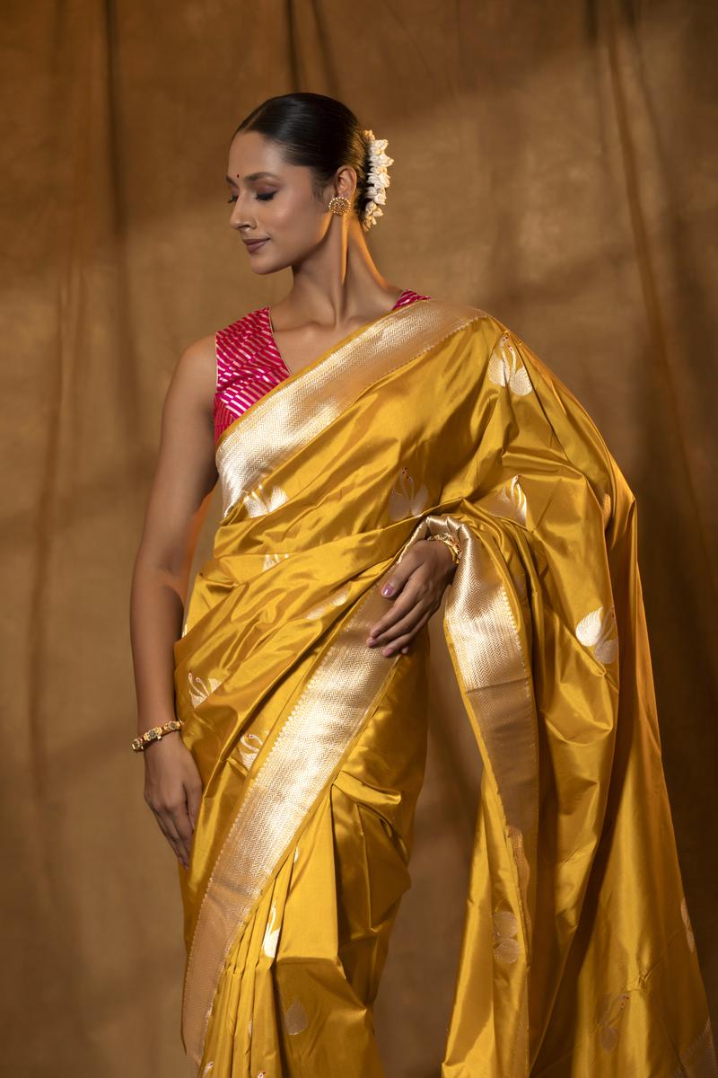 Mustard Yellow Handloom Katan Silk Banarasi Saree with Swan Motifs