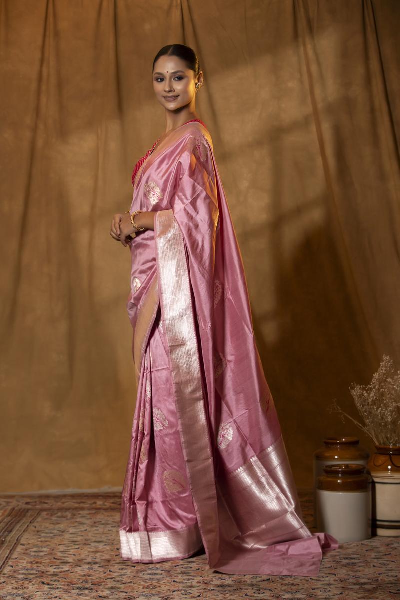 Pink Handloom Katan Silk Banarasi Saree with Silver Zari Bird Motifs