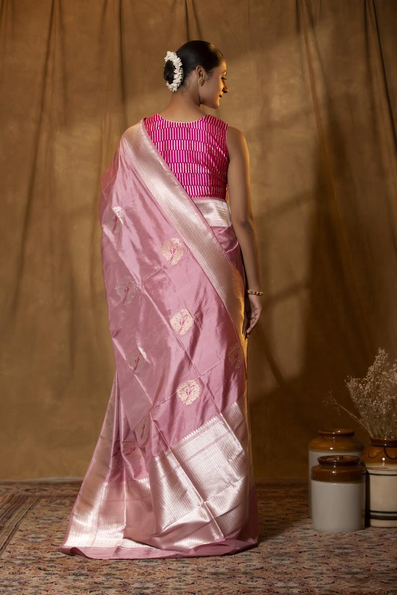 Pink Handloom Katan Silk Banarasi Saree with Silver Zari Bird Motifs