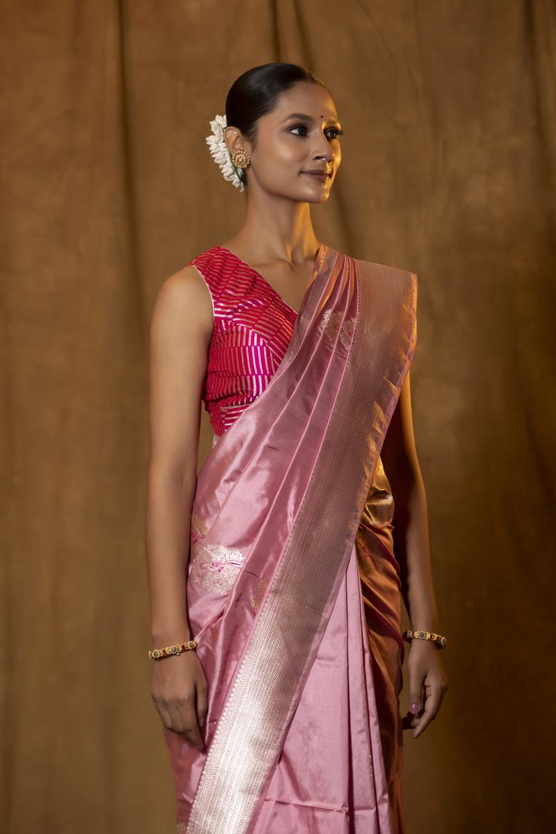 Pink Handloom Katan Silk Banarasi Saree with Silver Zari Bird Motifs