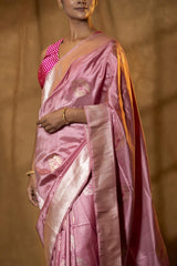 Pink Handloom Katan Silk Banarasi Saree with Silver Zari Bird Motifs