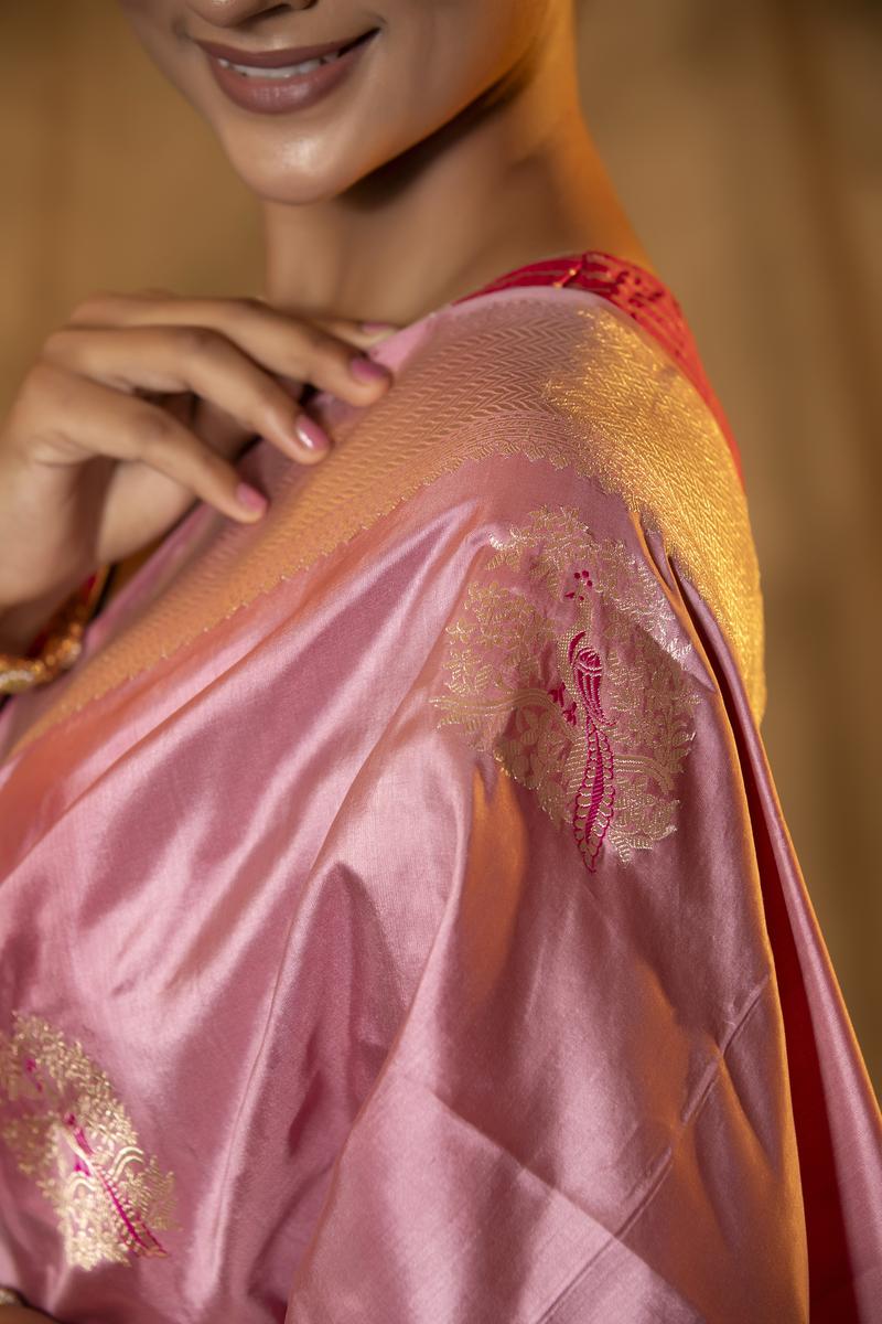 Pink Handloom Katan Silk Banarasi Saree with Silver Zari Bird Motifs