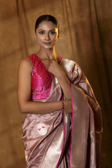 Mauve Handloom Katan Silk Banarasi Saree with Silver Zari Bird Motifs