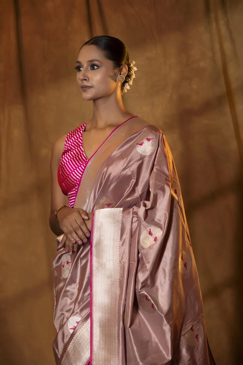 Mauve Handloom Katan Silk Banarasi Saree with Silver Zari Bird Motifs