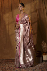 Mauve Handloom Katan Silk Banarasi Saree with Silver Zari Bird Motifs