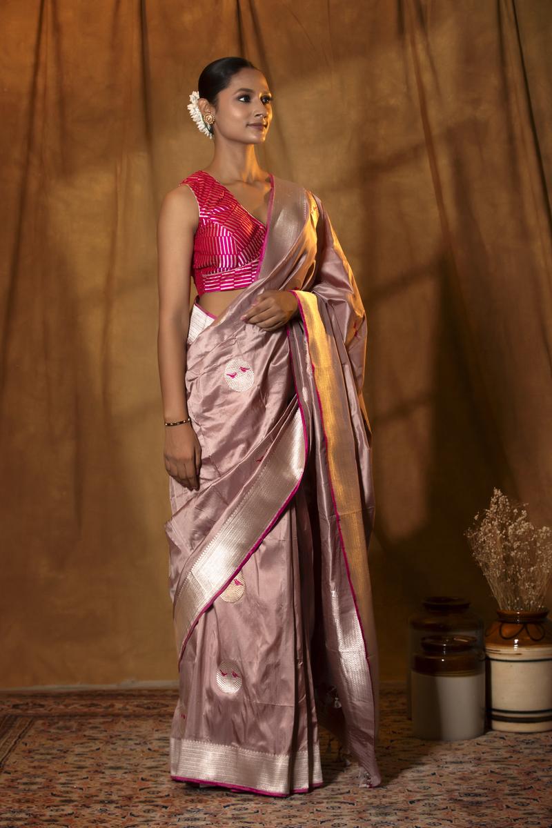 Mauve Handloom Katan Silk Banarasi Saree with Silver Zari Bird Motifs