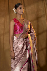 Mauve Handloom Katan Silk Banarasi Saree with Silver Zari Bird Motifs