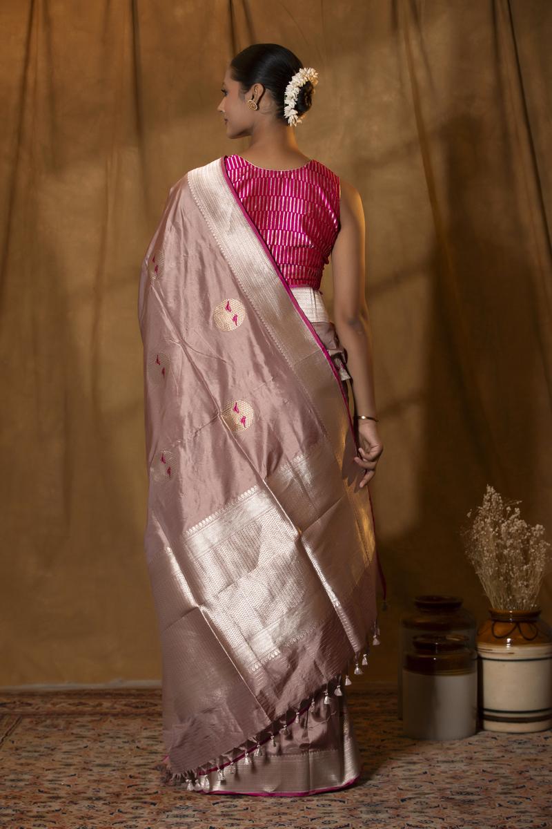 Mauve Handloom Katan Silk Banarasi Saree with Silver Zari Bird Motifs