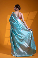 Cyan Blue Handloom Katan Silk Banarasi Saree with Silver Zari Bird Motifs