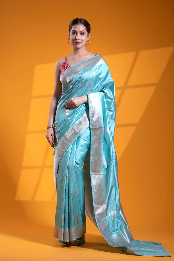 Banarasi Silk Saree, Banarasi saree, silk saree, Sky Blue saree, wedding saree, party wear saree​