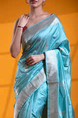 Cyan Blue Handloom Katan Silk Banarasi Saree with Silver Zari Bird Motifs