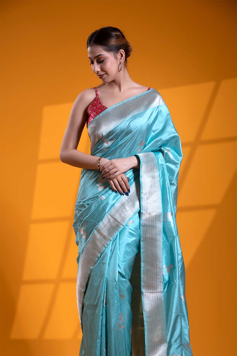 Cyan Blue Handloom Katan Silk Banarasi Saree with Silver Zari Bird Motifs