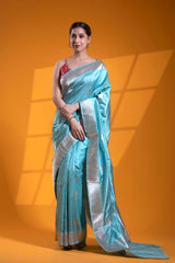 Cyan Blue Handloom Katan Silk Banarasi Saree with Silver Zari Bird Motifs