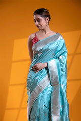 Cyan Blue Handloom Katan Silk Banarasi Saree with Silver Zari Bird Motifs