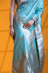 Cyan Blue Handloom Katan Silk Banarasi Saree with Silver Zari Bird Motifs