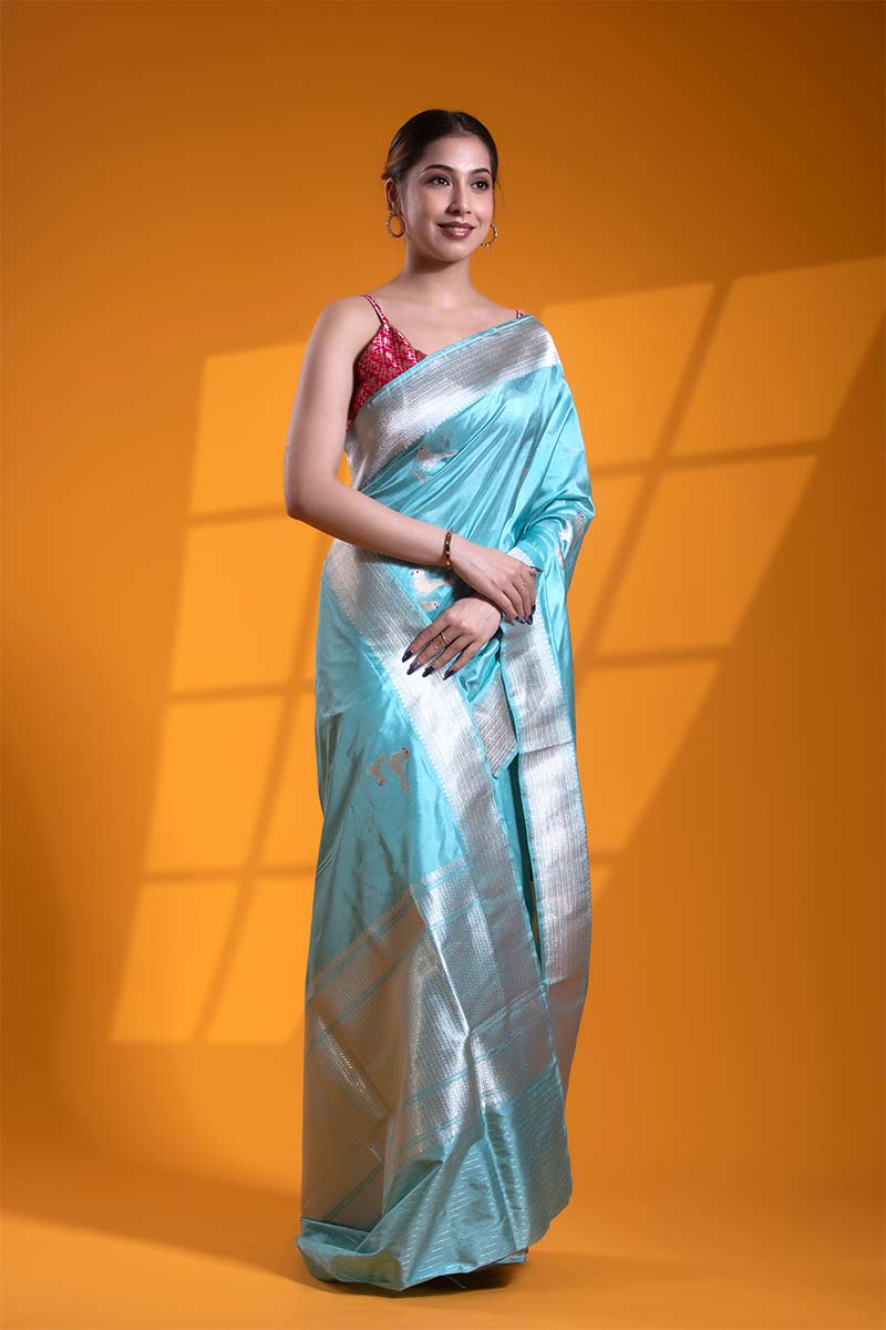 Cyan Blue Handloom Katan Silk Banarasi Saree with Silver Zari Bird Motifs