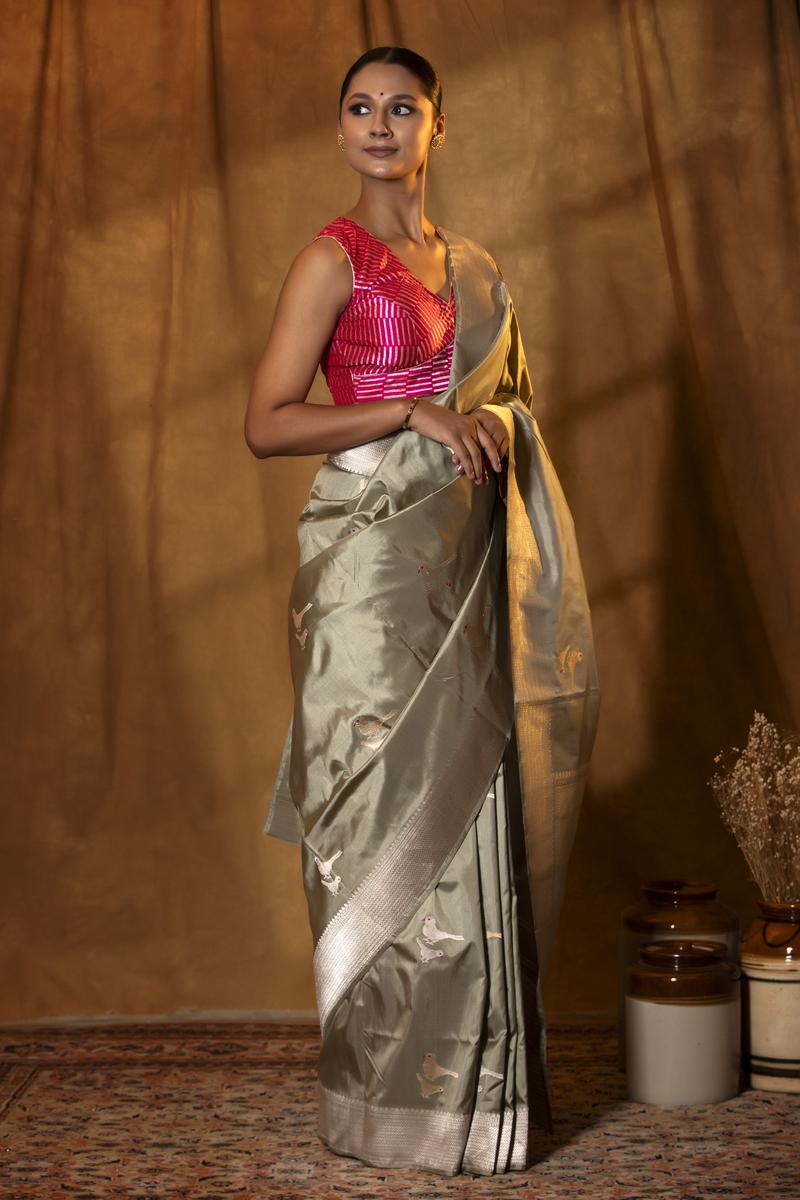 Trout Grey Handloom Katan Silk Banarasi Saree with Silver Zari Bird Motifs