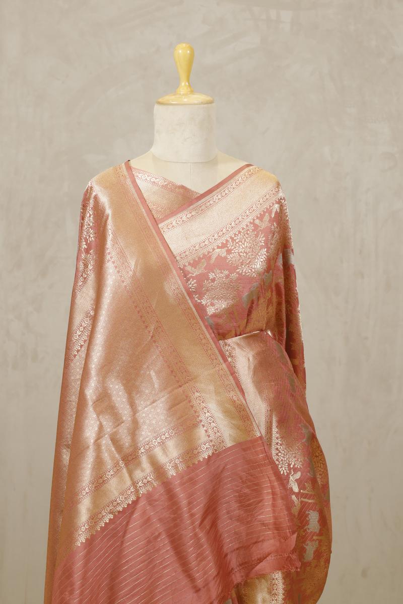 Peach Banarasi Katan Silk Saree with Floral Pichwai Motifs