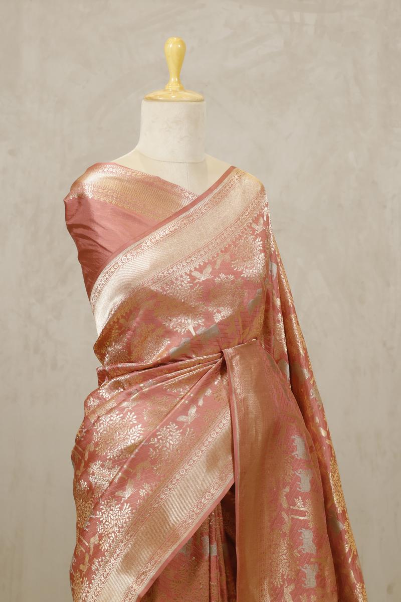 Peach Banarasi Katan Silk Saree with Floral Pichwai Motifs