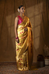 Lemon Yellow Katan Silk Banarasi Saree with Floral Pichwai Motifs