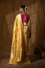 Lemon Yellow Katan Silk Banarasi Saree with Floral Pichwai Motifs