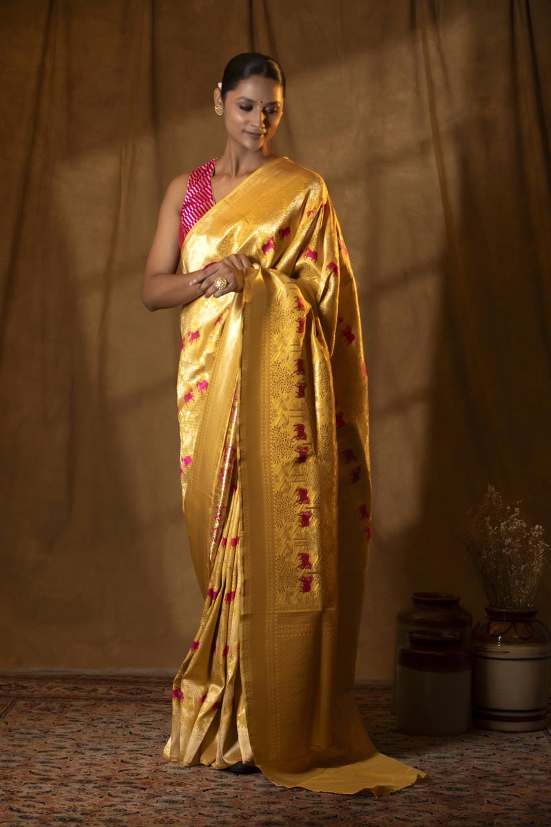 Lemon Yellow Katan Silk Banarasi Saree with Floral Pichwai Motifs