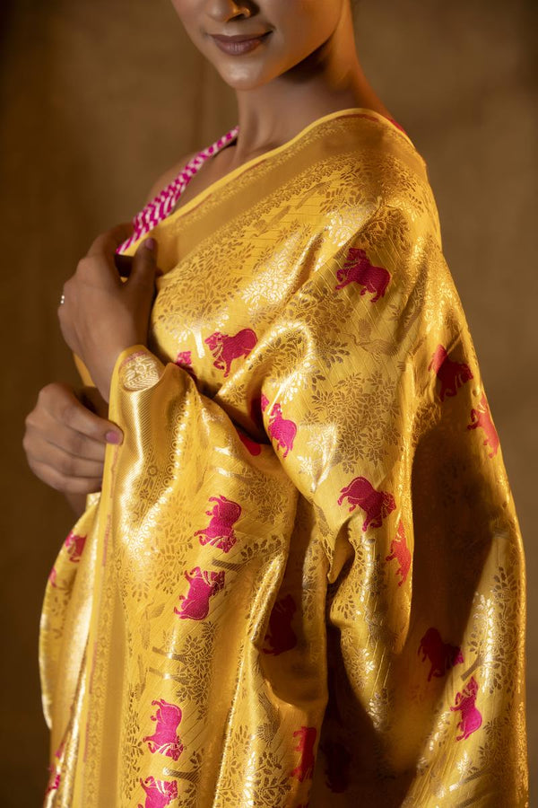 Lemon Yellow Katan Silk Banarasi Saree with Floral Pichwai Motifs